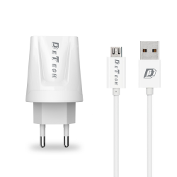 Мрежово зарядно устройство, DeTech, DE-01M, 5V/2.1A, 220V,2 x USB, С Micro USB кабел, 1.0m, Бял