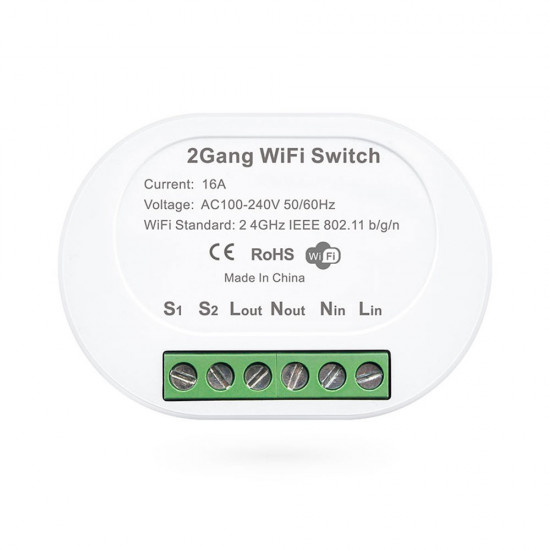 Смарт превключвател PST-TMW02, 2 канала, 220V, 16A, Wi-Fi, Tuya Smart, Бял 